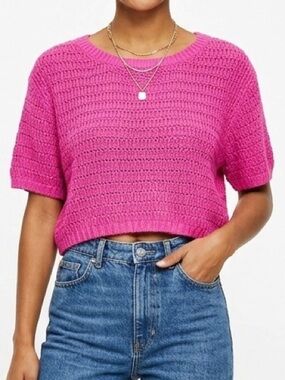 Topshop Pink Cropped Knit Short Sleeve Sweater Top